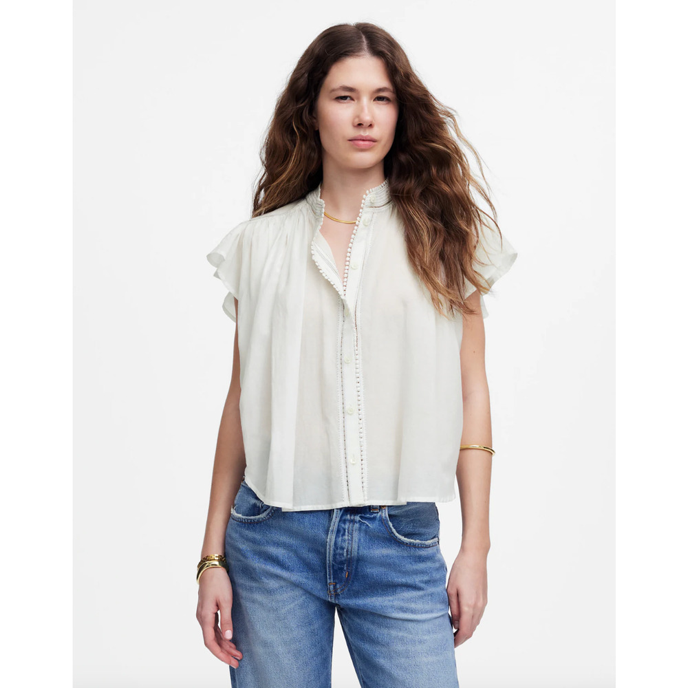 Madewell Cream Ruffled Cap-Sleeve Button Front Blouse